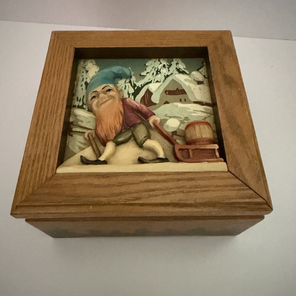 Musical Jewelry Wood Carved Box Gnomes 3D Italy "Its A Small World"